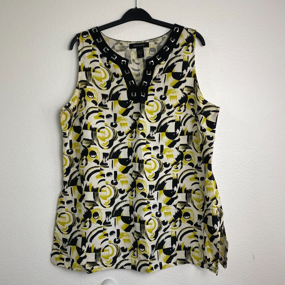 Ashley Stewart Womens‎ Linen/Rayon Tank Top Multi Abstract V Neck Plus Size 18W